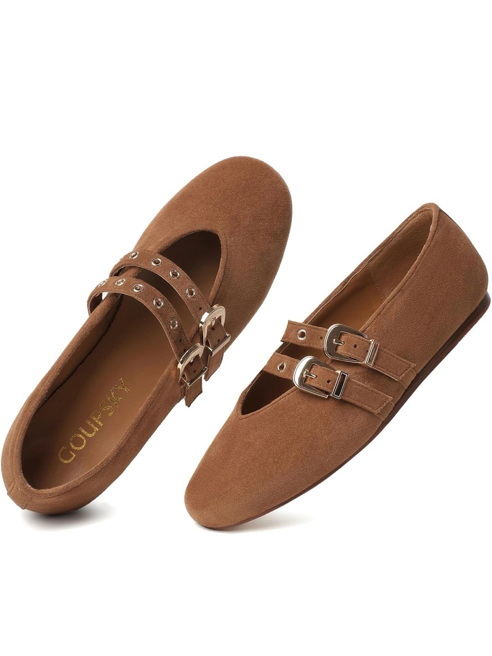 Goupsky Brown Double-Buckle Suede Mary Jane Flats size 8